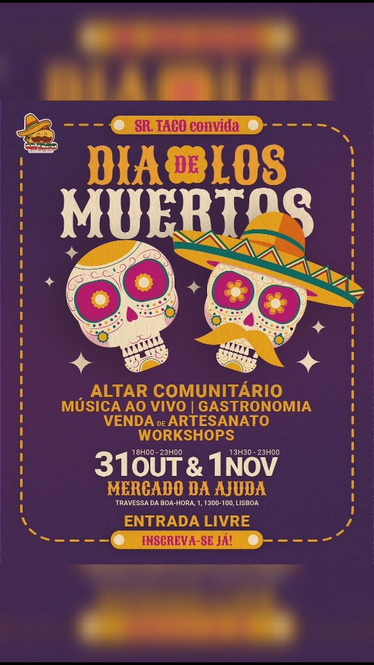 🎉 ¡Lisboa se llena de color, sabor y tradición! 🇲🇽✨
@srtacorestaurantemexicano te invita a la Festa del Día de Muertos.

Dos días de música en vivo, comida espectacular, artesanía única y pura diversión familiar 💀🎶

🌮 Sabores auténticos:
@gastrolab.smartkitchen
#JimmyPipocas🍿
@la_chica_del_flan
@laloteriadelsabor
@kik.apu

🪅 Descubre productos artesanales:
@unamexicanaycompania
@colorines_portugal
@dianrosillo
MaryRosas, MadreTrenzas
@atelier_limonade

🎨 ¡No te pierdas los talleres! Altares, calaveras de azúcar y chocolate, y maquillaje de Catrinas y Calaveras.

🔥 Y para cerrar con broche de oro:

@alebrije.mx.pt 
@ritmoscholulteka 
@pablojuancantor 
@dj_villabeats 
@wattusimusic 

Con la conducción de nuestra queridísima @elenitapuensant 

📅 Viernes 31 de octubre (18h–23h)
📅 Sábado 1 de noviembre (13h30–23h)
📍 Mercado da Ajuda – Travessa da Boa-Hora, 1
🎟️ ¡Entrada libre!

Ven con tu familia, tus amigos… ¡o simplemente con ganas de disfrutar!
La fiesta más viva del año te espera en Lisboa 💐💃