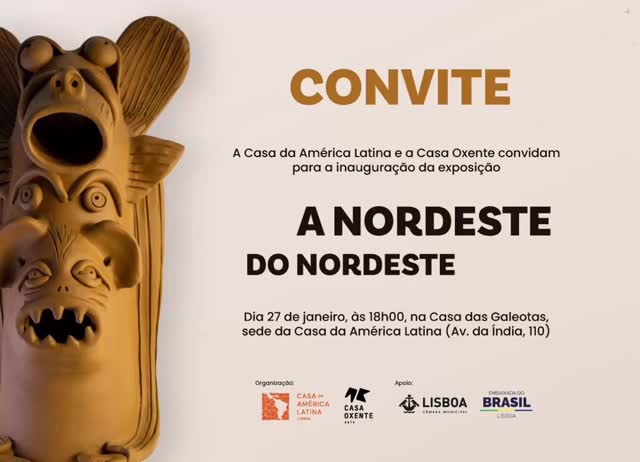 🎭✨ CONVITE ESPECIAL ✨🎭

A Casa da América Latina e a Casa Oxente convidam para a inauguração da exposição
“A NORDESTE DO NORDESTE”

🗓 27 de Janeiro
⏰ 18h00
📍 Casa das Galeotas
Sede da Casa da América Latina
(Av. da Índia, 110 – Lisboa)

Uma exposição que celebra identidades, memórias e expressões culturais do Nordeste brasileiro, em diálogo com Lisboa.

🎨🌎 Não perca esta experiência única.

#ANordesteDoNordeste #CasaDaAméricaLatina #CasaOxente #Exposição #Arte #Cultura #Nordeste #ArteContemporânea #LisboaCultural #AgendaCultural #ArteBrasileira #culturalatinoamericana